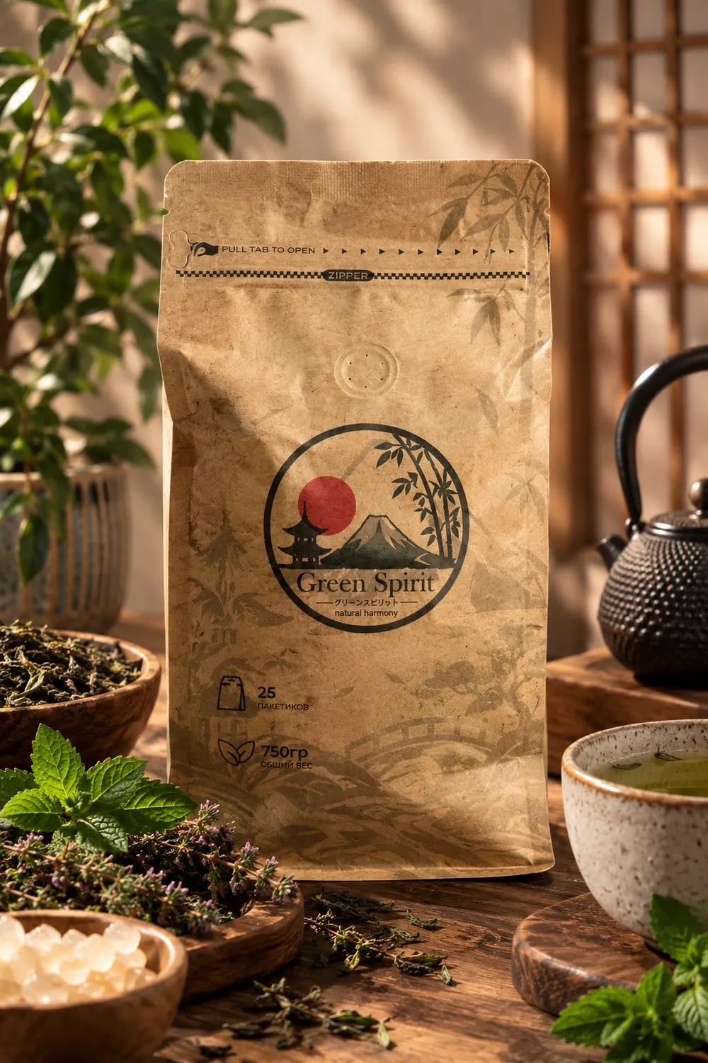 Green Spirit: the pack, mint and a bowl of tea