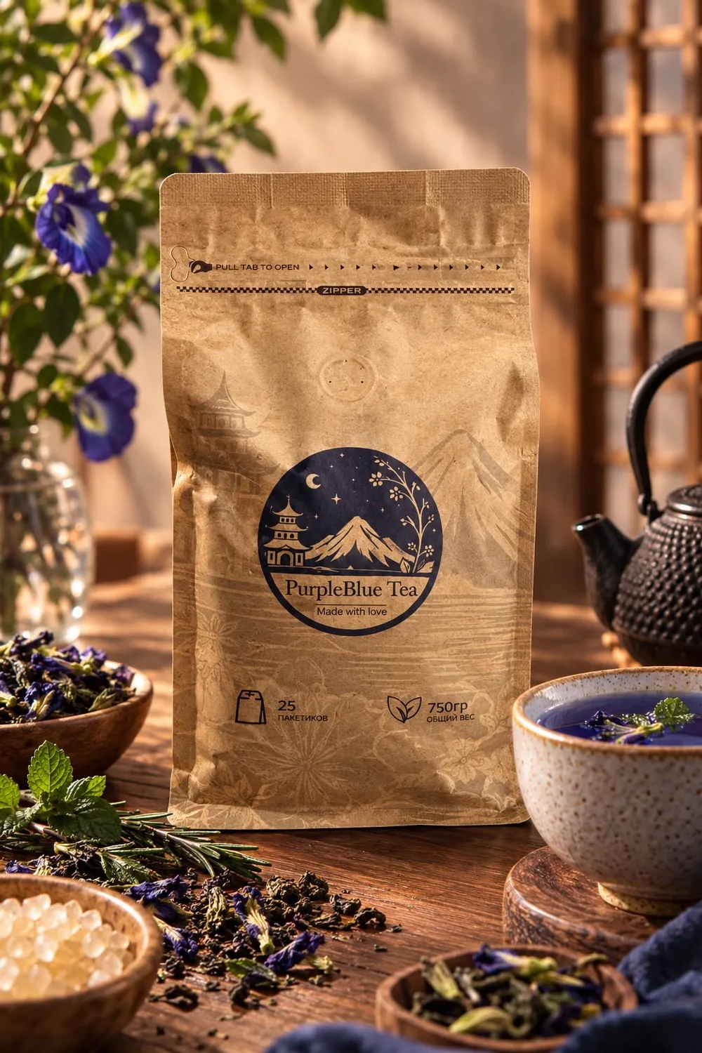 PurpleBlue Tea: a blue infusion in a bowl next to the pack